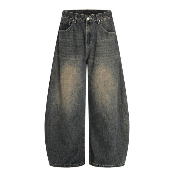 Punk Vintage Washed Denim Scimitar Men's Long Street Style Mud-Dyed Ripped Loose Wide-Leg Sickle Pants_mkmklike.com