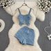 Women's hot girl zipper denim camisole two piece suit denim shorts high waist wide leg a-line hot pants_mkmklike.com