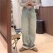 Women's Clothing Spring And Autumn High Street Small High Waist Straight Loose Light Blue Plus Velvet Denim Wide Leg Pants _mkmklike.com