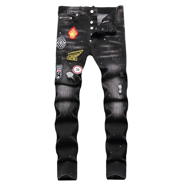 Men's Slim Fit Skinny Jeans Trendy High Street Style Cross Border Paint Reflective Badges Ripped European American Denim_mkmklike.com