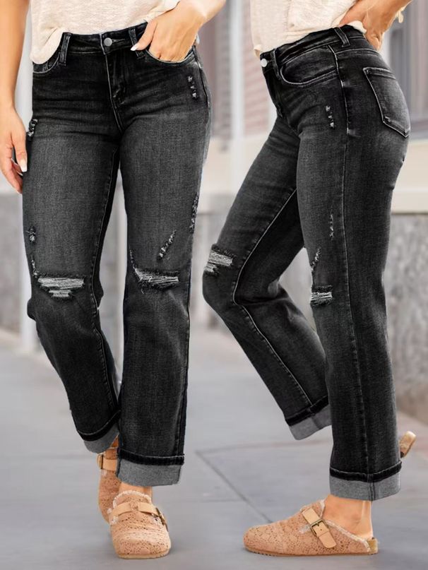 Women's Mid-Rise Stretch Denim Jeans – Comfortable Straight-Leg Ripped Pants For Casual & Daily Wear_mkmklike.com