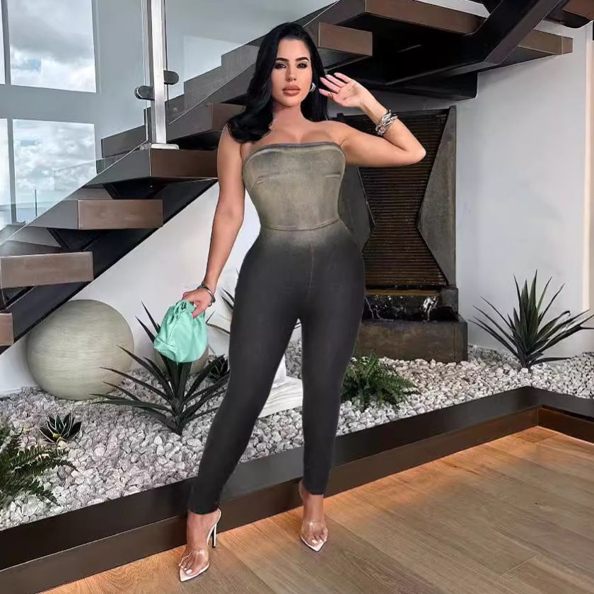 Women’s Clothing e commerce sexy ins tube top gradient tight stretch denim jumpsuit_mkmklike.com
