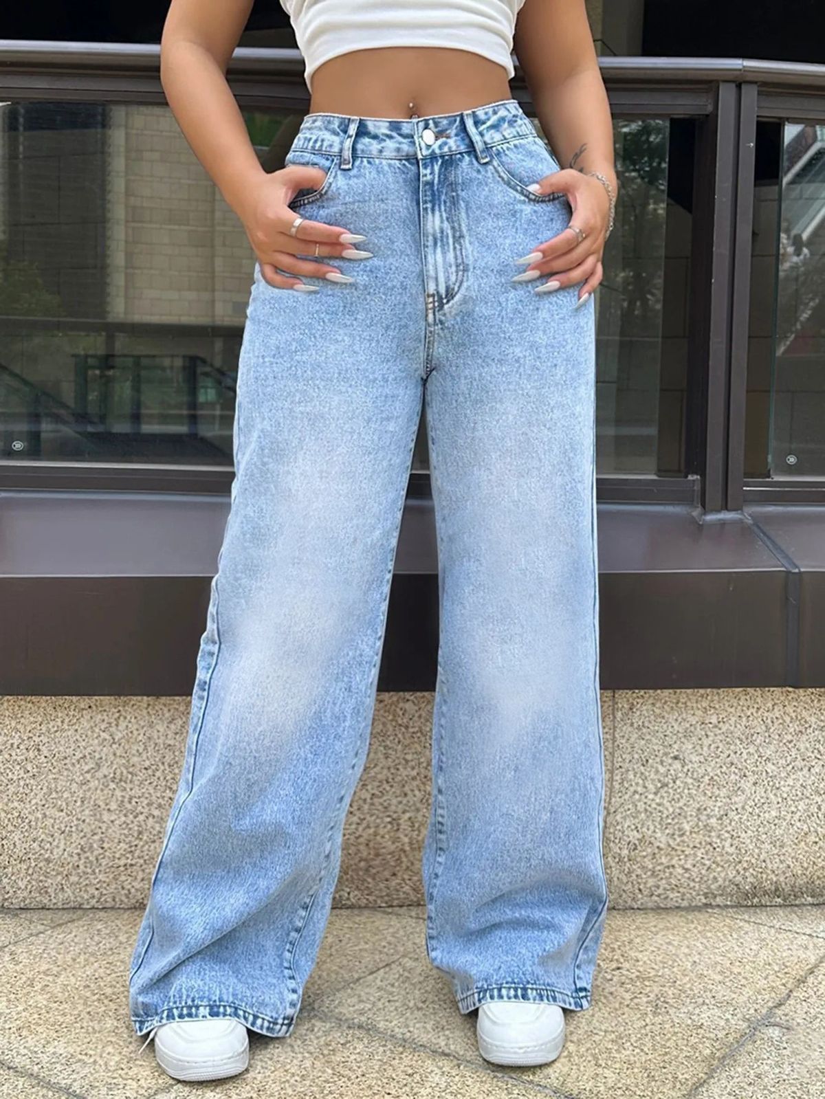 High Waist Comfort Stretch Washed Denim Pants For Women - Straight Leg Casual Trousers With Mid-Rise Elastic Waistband_mkmklike.com