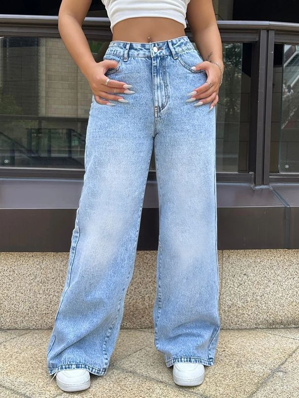 High Waist Comfort Stretch Washed Denim Pants For Women - Straight Leg Casual Trousers With Mid-Rise Elastic Waistband_mkmklike.com