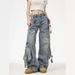 Unisex Multi Pocket Cargo Jeans Straight Leg Loose Fit Wide Leg American High Street Style Trendy Versatile Edgy And Stylish Men's Denim_mkmklike.com