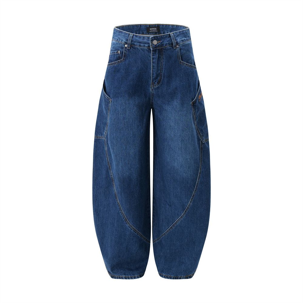 Large Pocket Scimitar Jeans Men's American Street Fashion Design Loose Wide-Leg Embroidered Floor-Length Long Pants_mkmklike.com