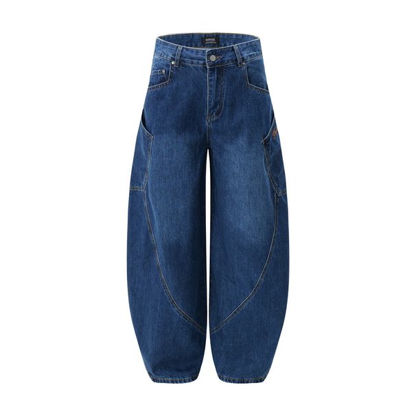 Large Pocket Scimitar Jeans Men's American Street Fashion Design Loose Wide-Leg Embroidered Floor-Length Long Pants_mkmklike.com