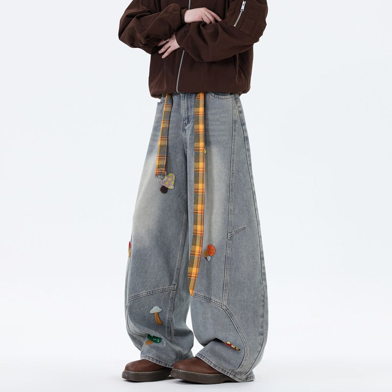 Cartoon Towel Embroidery Flared Jeans – Baggy Wide-Leg Trousers, Streetwear Vintage Denim Pants For Men, Retro Loose Fit With Unique Design_mkmklike.com