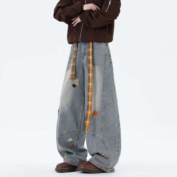 Cartoon Towel Embroidery Flared Jeans – Baggy Wide-Leg Trousers, Streetwear Vintage Denim Pants For Men, Retro Loose Fit With Unique Design_mkmklike.com