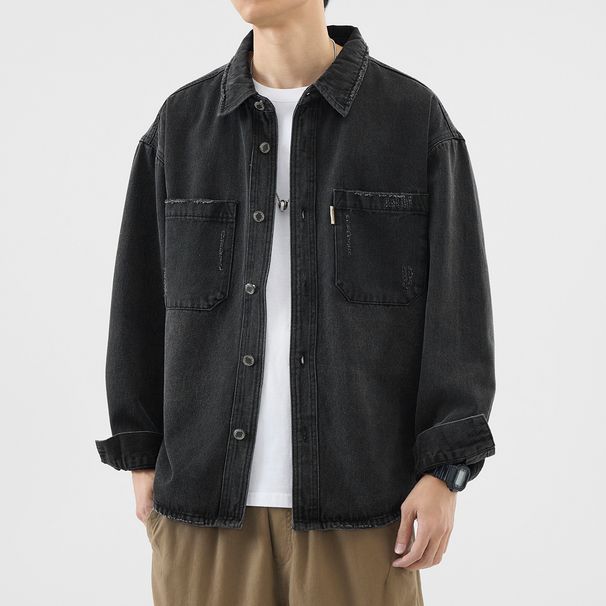 Retro Washed Trendy Denim Shirt For Men, Loose Casual Long Sleeved Shirt For Men, Workwear Jacket_mkmklike.com