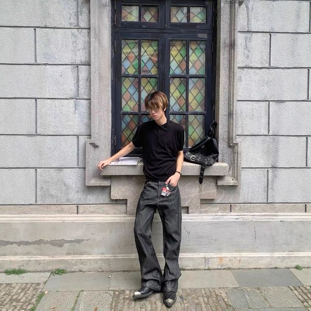 Men's Clothing Japanese-Inspired Flared Jeans – Black Wide-Leg Work Pants With Minimalist Stitching (Office-Ready, Instagram Aesthetic)_mkmklike.com