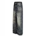Unisex Deep Sea Blue A-Line Loose Straight Leg Jeans 14 Oz Versatile Casual Commuter Trousers Whiskers And Honeycomb Design_mkmklike.com