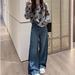 Chicco 2025 Autumn New Korean Style Versatile Heart Long Sleeve Knitted Sweater Slimming Wide Leg Jeans Two-Piece Set For Women_mkmklike.com