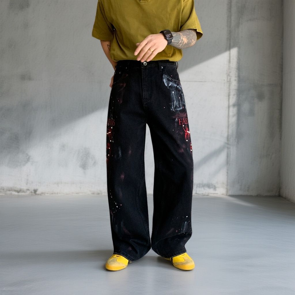 Men's Relaxed Fit Straight Leg Black Denim Jeans With Unique Embroidery - Casual Trousers For Teens & Adults_mkmklike.com
