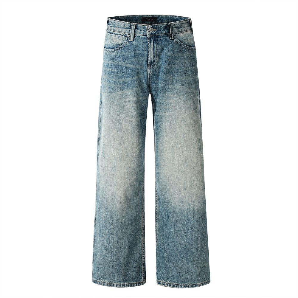 Washed Distressed White Denim Punk Street Style Pocket Cargo Straight Men's Vintage Ripped Wide-Leg Pants_mkmklike.com
