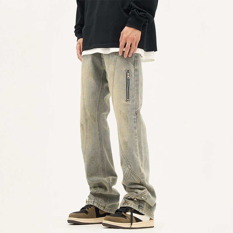 Nordmann American Retro Mud Yellow Jeans For Men Loose Straight Casual Autumn Winter Style Cool Trendy Workwear Long Pants_mkmklike.com