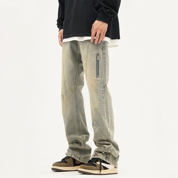 Nordmann American Retro Mud Yellow Jeans For Men Loose Straight Casual Autumn Winter Style Cool Trendy Workwear Long Pants_mkmklike.com