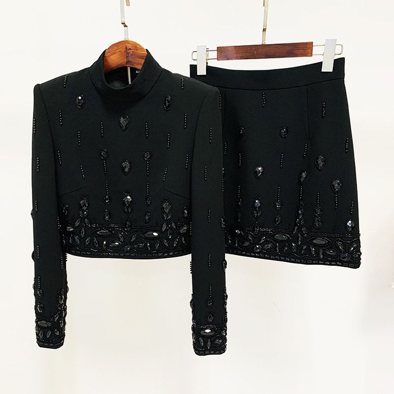 Women's Clothing celebrity fashion new heavy beaded diamond short top skirt suit two piece suit_mkmklike.com