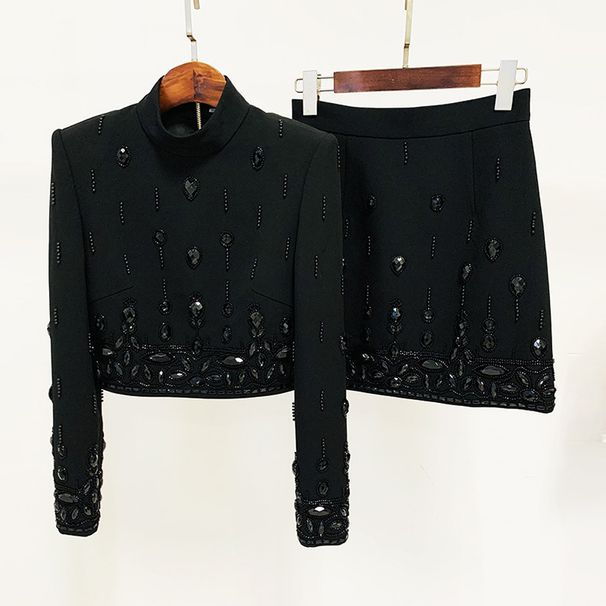 Women's Clothing celebrity fashion new heavy beaded diamond short top skirt suit two piece suit_mkmklike.com
