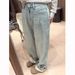 Women's Clothing Spring And Autumn High Street Small High Waist Straight Loose Light Blue Plus Velvet Denim Wide Leg Pants _mkmklike.com