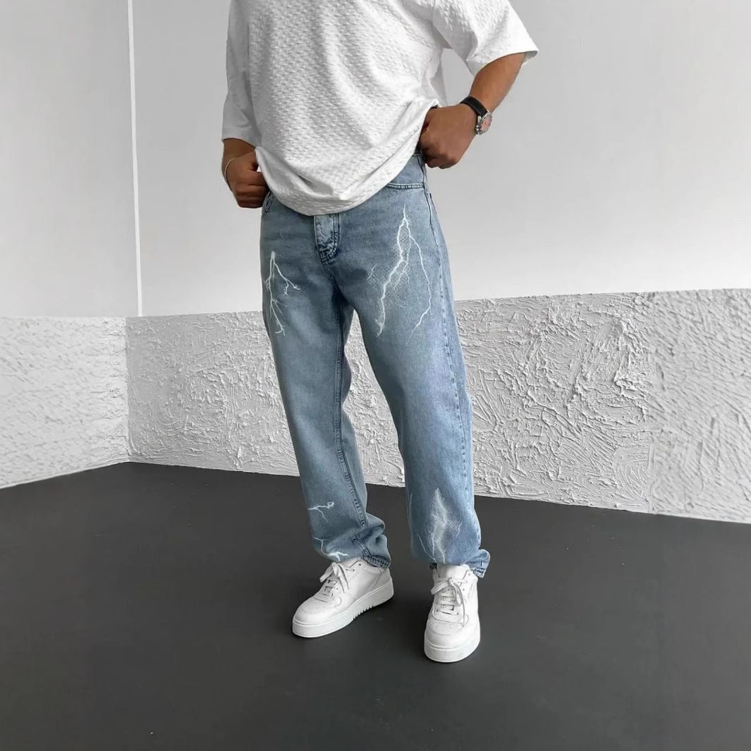 Men's Clothing Cool And Sophisticated High Street High Street Distressed Denim Jeans - Straight Leg Baggy Pants For Casual Streetwear (Light Blue)_mkmklike.com