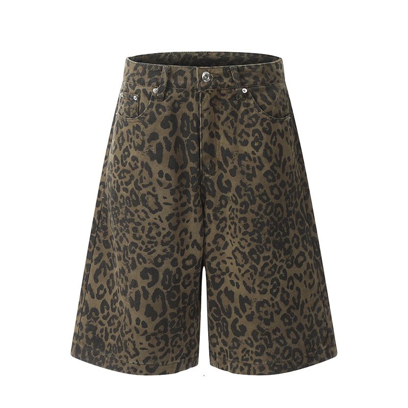 Men's Clothing Retro Straight Wide Leg Leopard Print Pants Men And Women Trendy High Street Loose Denim Shorts Summer Cropped Pants_mkmklike.com