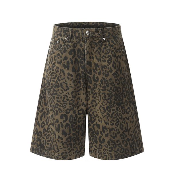 Men's Clothing Retro Straight Wide Leg Leopard Print Pants Men And Women Trendy High Street Loose Denim Shorts Summer Cropped Pants_mkmklike.com