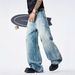 Unisex Ice-Blue Distressed Jeans – Baggy Straight Leg Denim Pants With Whisker Wash, Oversized Streetwear (Blue)_mkmklike.com