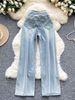"Bohemian Lace-Trimmed Denim Jeans - Light Wash Straight Leg Pants With Feminine Edge, Comfortable & Breathable For Summer"_mkmklike.com