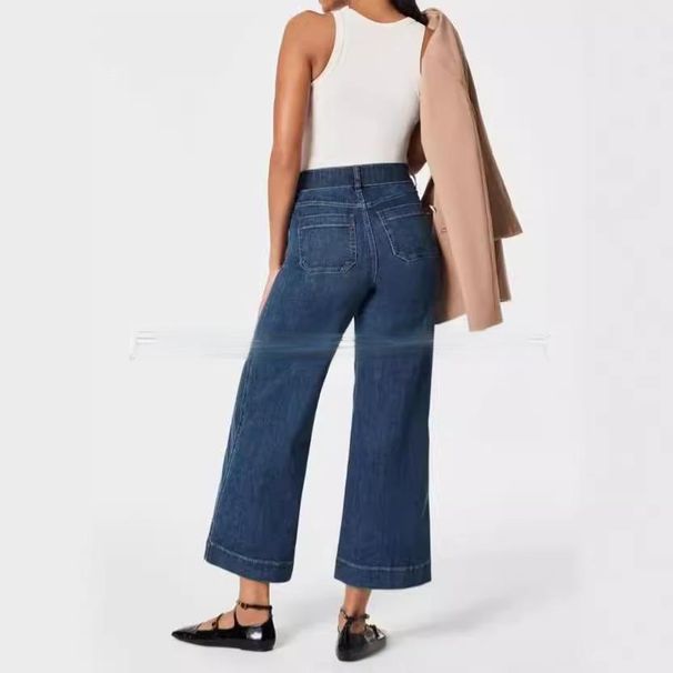 Women's Clothing Spring And Summer New Casual Denim Trousers Nine Point Washed Elastic Flared Wide Leg Trousers_mkmklike.com