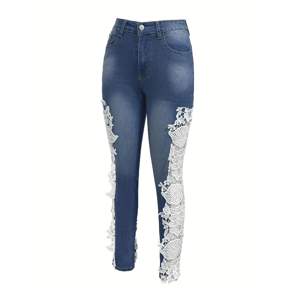 Women's Clothing Women's Skinny Fit Hollow Out Lace Contrast Jeans - Elegant Sky Blue Stretch Denim With Bootcut Hem For Stylish Everyday Wear_mkmklike.com