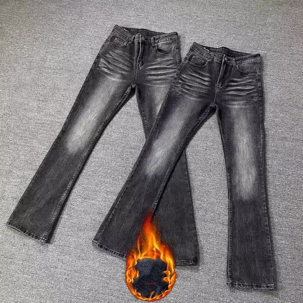 Men's High Street Black Grey Washed Slim Fit Straight Retro Flared Jeans With Fleece Lining For Winter Fashion_mkmklike.com
