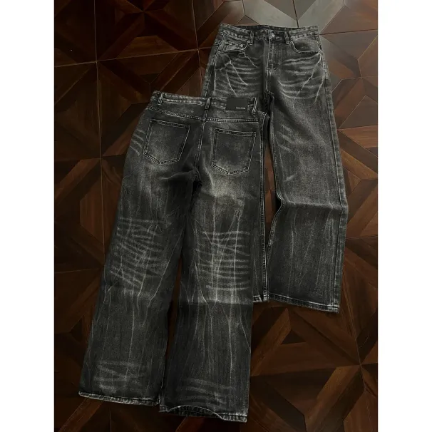 Men's & Women's Cracked Wash Denim Jeans - 517 Straight Leg Black Jeans (Lightning Bolt Edition)_mkmklike.com