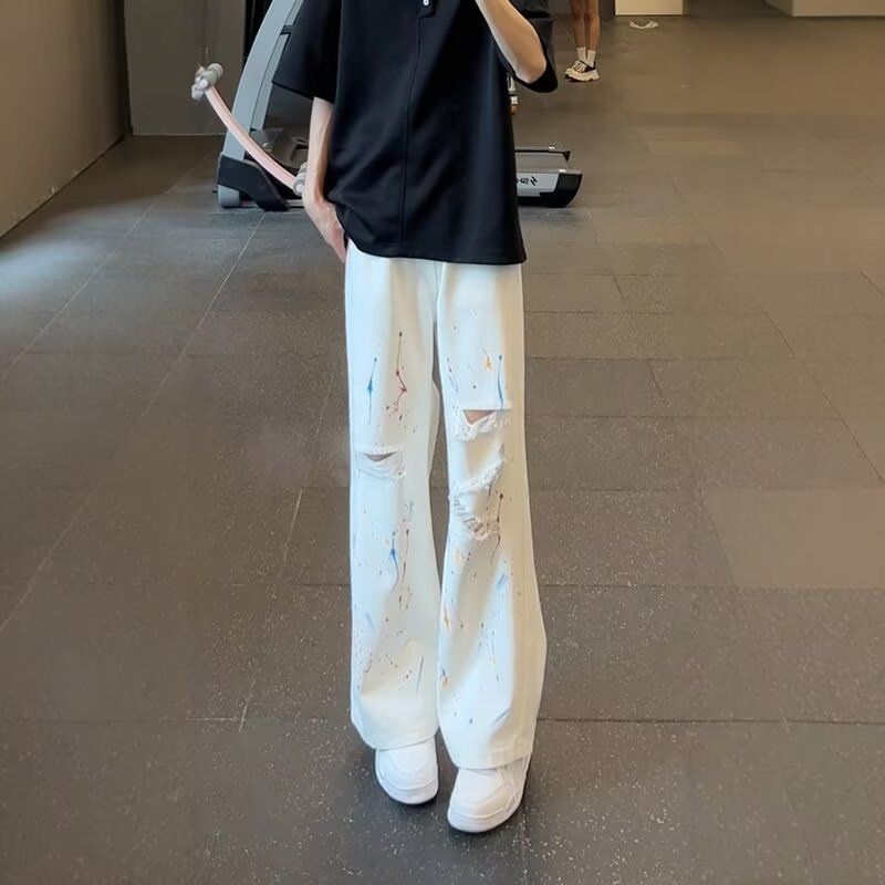 Men's Streetwear Distressed Wide-Leg Jeans - Oversized Straight Fit With Splatter Paint & Ripped Details_mkmklike.com