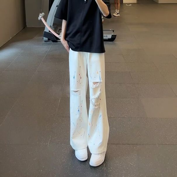 Men's Streetwear Distressed Wide-Leg Jeans - Oversized Straight Fit With Splatter Paint & Ripped Details_mkmklike.com
