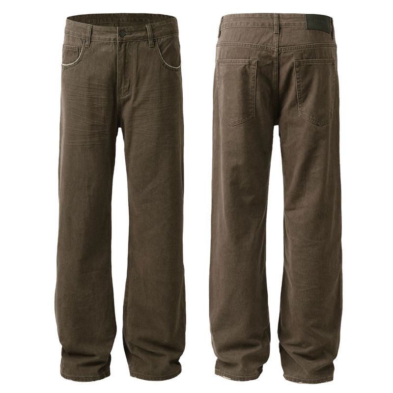 Men's Vintage High Street Cleanfit Jeans – Relaxed Straight-Leg Cotton Denim With Whisker & Distressed Details (Sizes 28-38)_mkmklike.com