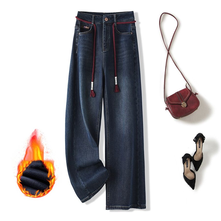 Slimming Winter Fleece-Lined Straight Leg Jeans – High Waist Stretch Denim Pants With Wide Leg Comfort For Women_mkmklike.com