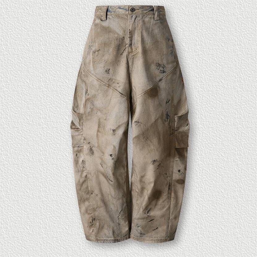 Men's Distressed Wide Leg Pants High Street Trendy Retro Casual Curved Denim Texture Loose Fit Mud Yellow_mkmklike.com