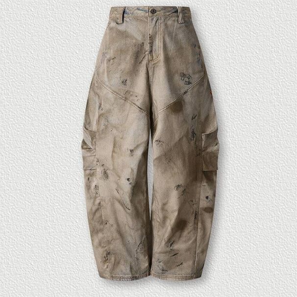 Men's Distressed Wide Leg Pants High Street Trendy Retro Casual Curved Denim Texture Loose Fit Mud Yellow_mkmklike.com