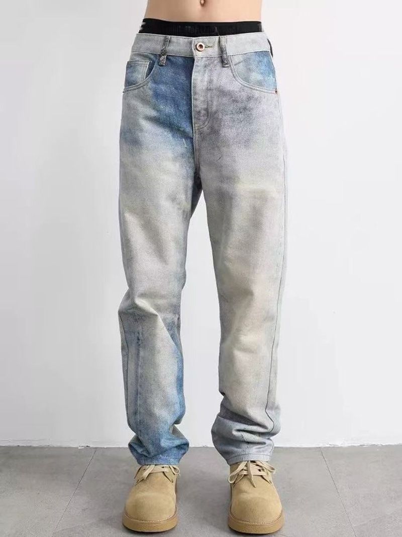 Men's Trendy Straight Leg Jeans High Street Style Gradient Washed Stretch Casual Trousers Fashion For Men_mkmklike.com