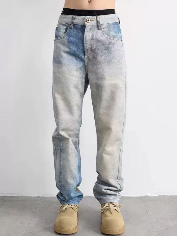 Men's Trendy Straight Leg Jeans High Street Style Gradient Washed Stretch Casual Trousers Fashion For Men_mkmklike.com