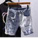Men’s Slim-Fit Distressed Denim Shorts – Paint Splatter & Patchwork Streetwear (Blue, Sizes 28-36)_mkmklike.com