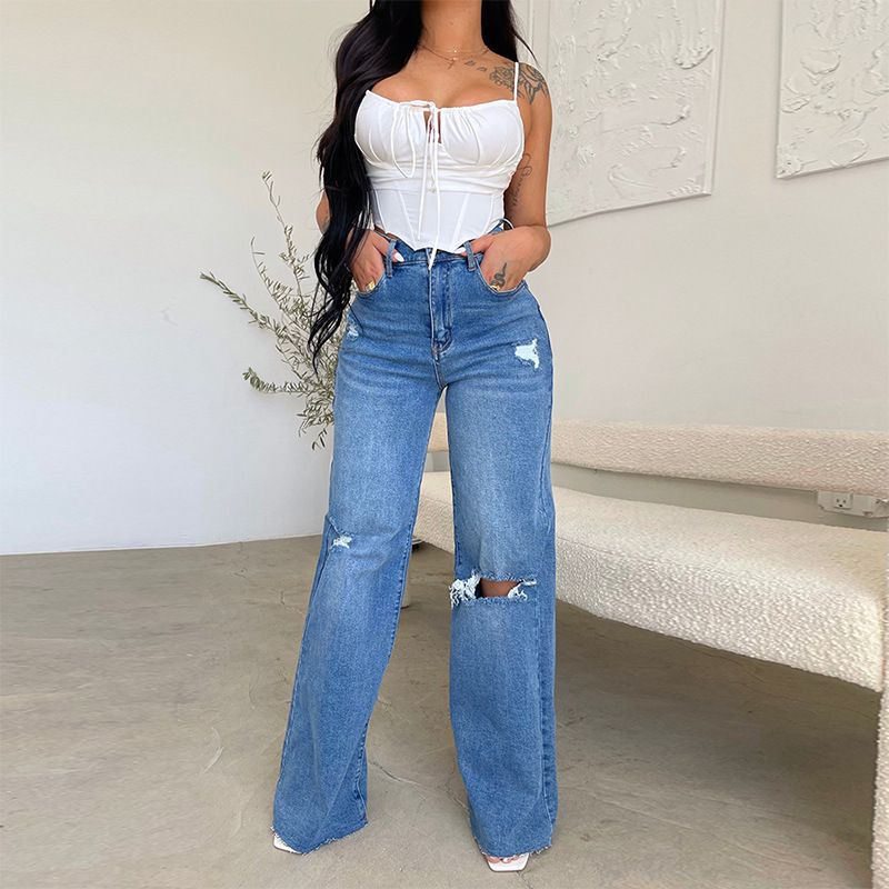 Women's High Waist Distressed Wide Leg Jeans - Vintage Blue Raw Hem Denim Pants, Comfortable & Trendy For Casual Wear_mkmklike.com