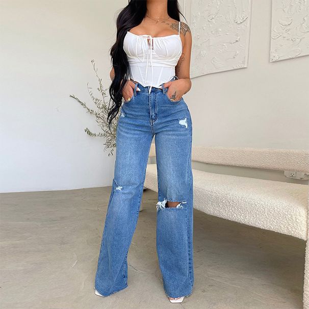 Women's High Waist Distressed Wide Leg Jeans - Vintage Blue Raw Hem Denim Pants, Comfortable & Trendy For Casual Wear_mkmklike.com