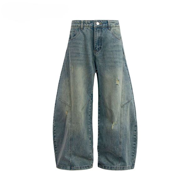 Men's Clothing Retro Washed Distressed Silhouette Scimitar Jeans Trendy Loose Banana Mopping Casual Long Trousers_mkmklike.com