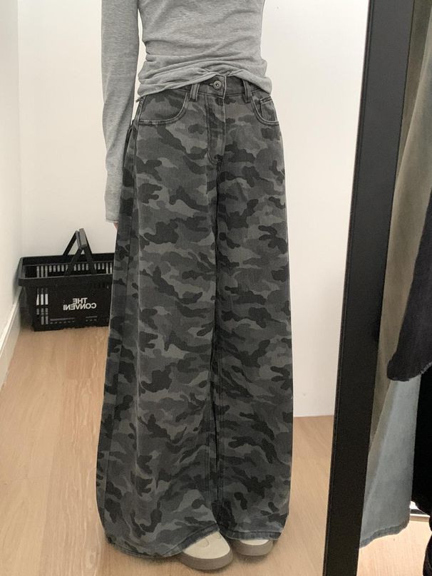 Retro Camouflage Wide-leg Jeans, Women's Jeans, High-waisted And Slimming, Suitable For Autumn And Winter Seasons._mkmklike.com