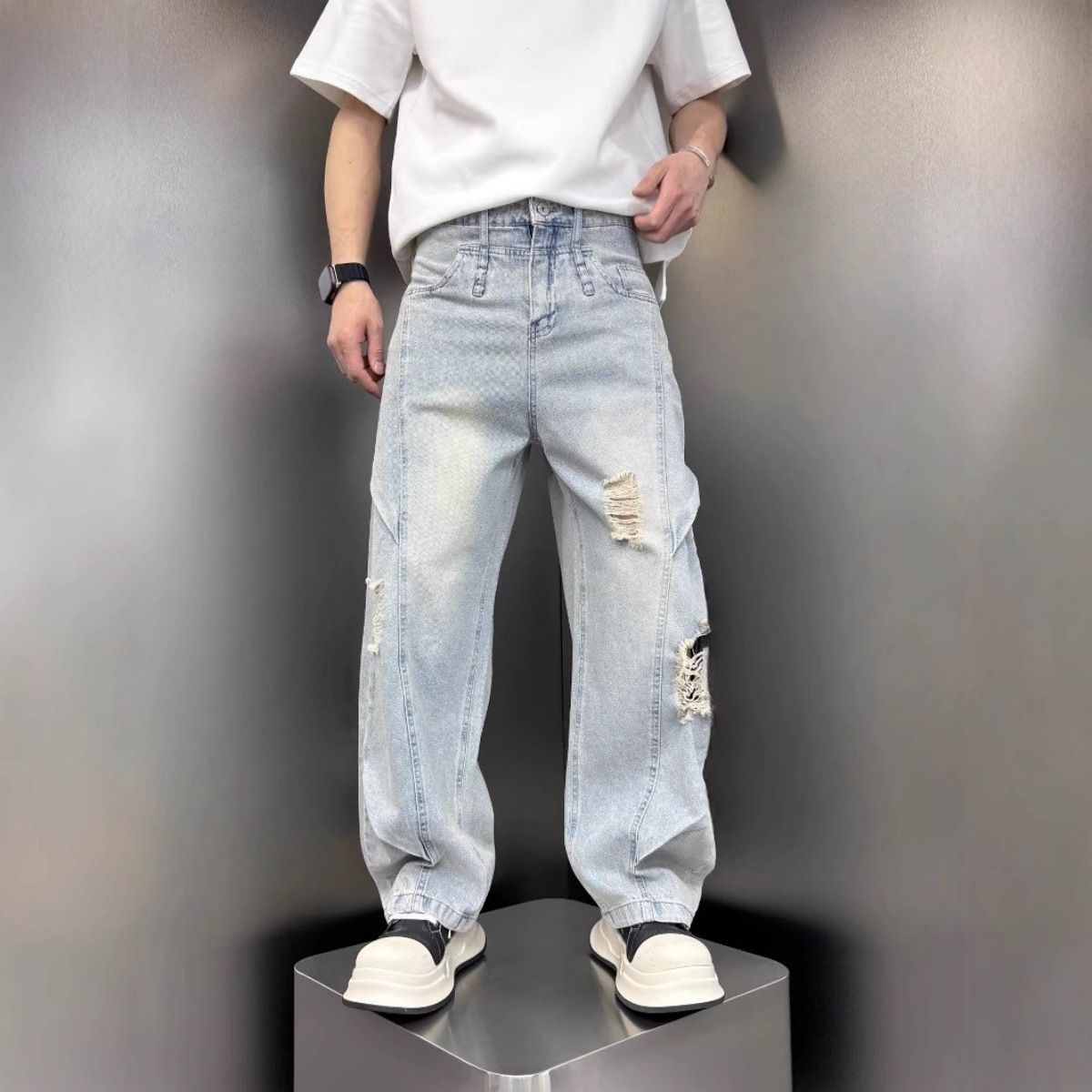 Men's Clothing Men's Distressed Mid-Seam Jeans – American High Street Wide-Leg Denim Pants, Vintage Washed & Hand-Painted (Blue, S-3XL)_mkmklike.com