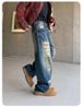 Vintage Distressed Embroidered Straight-Leg Jeans For Men – High Street Retro Loose Fit Denim Pants With Hand-Painted Details_mkmklike.com