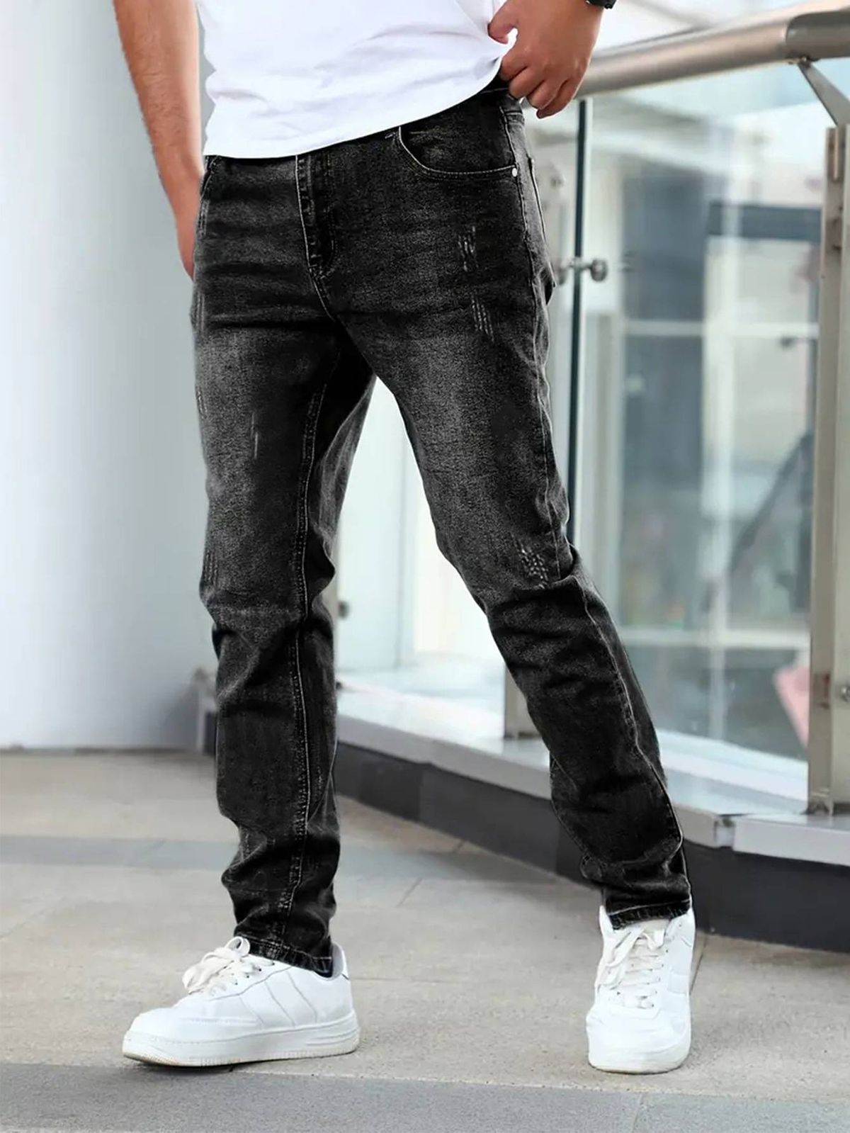 Men's Slim Fit Stretch Denim Jeans Black Midweight Skinny Pants All Seasons Simple Design Mid Waist Cropped Length_mkmklike.com