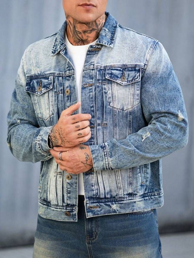 Men's Clothing Heavy Duty Denim Jacket Trendy Brand Pleated Gradient High Street Style Slight Stretch Outerwear_mkmklike.com
